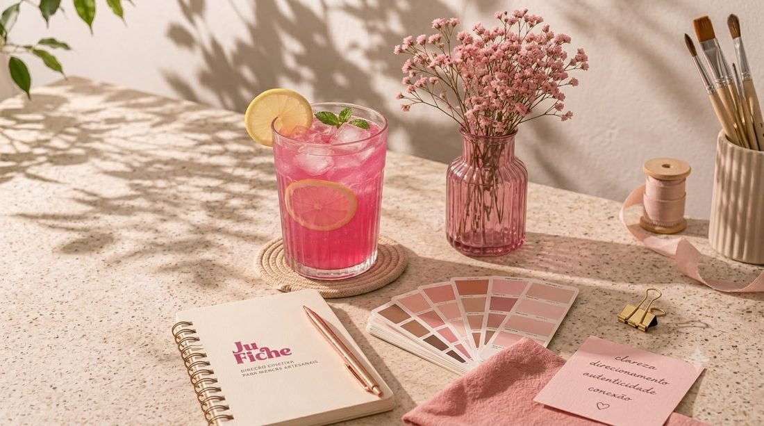 Mesa de trabalho com limonada rosa, flores e paleta de cores