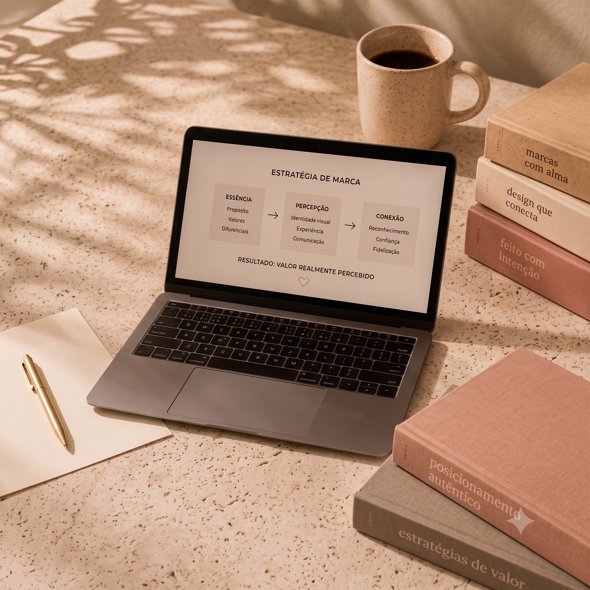 Notebook com diagrama de estratégia de marca, café e caderno de anotações