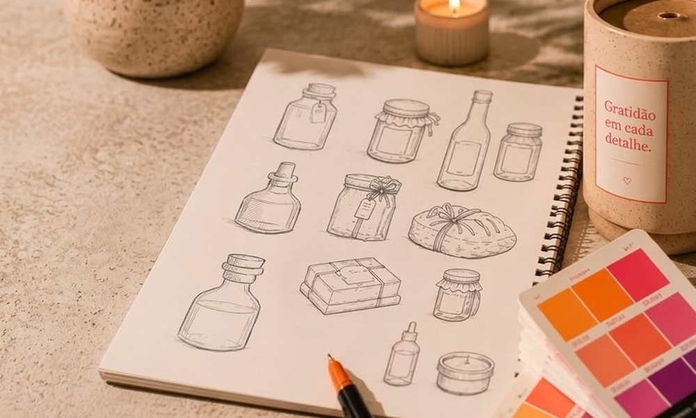 Caderno de esboços com desenhos de potes e embalagens artesanais
